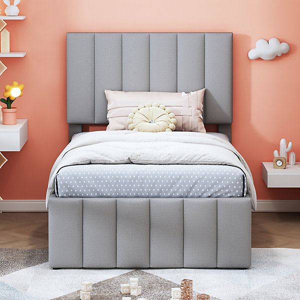 Lit rembourré 90 sur 200 cm avec lit gigogne et tiroirs tissu lin gris pour adultes ou jeunes