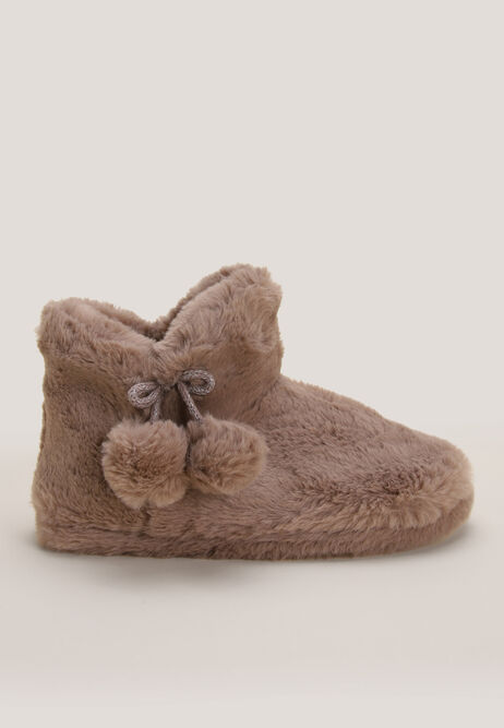 Womens Mocha Faux Fur Pom Pom Slipper Boots