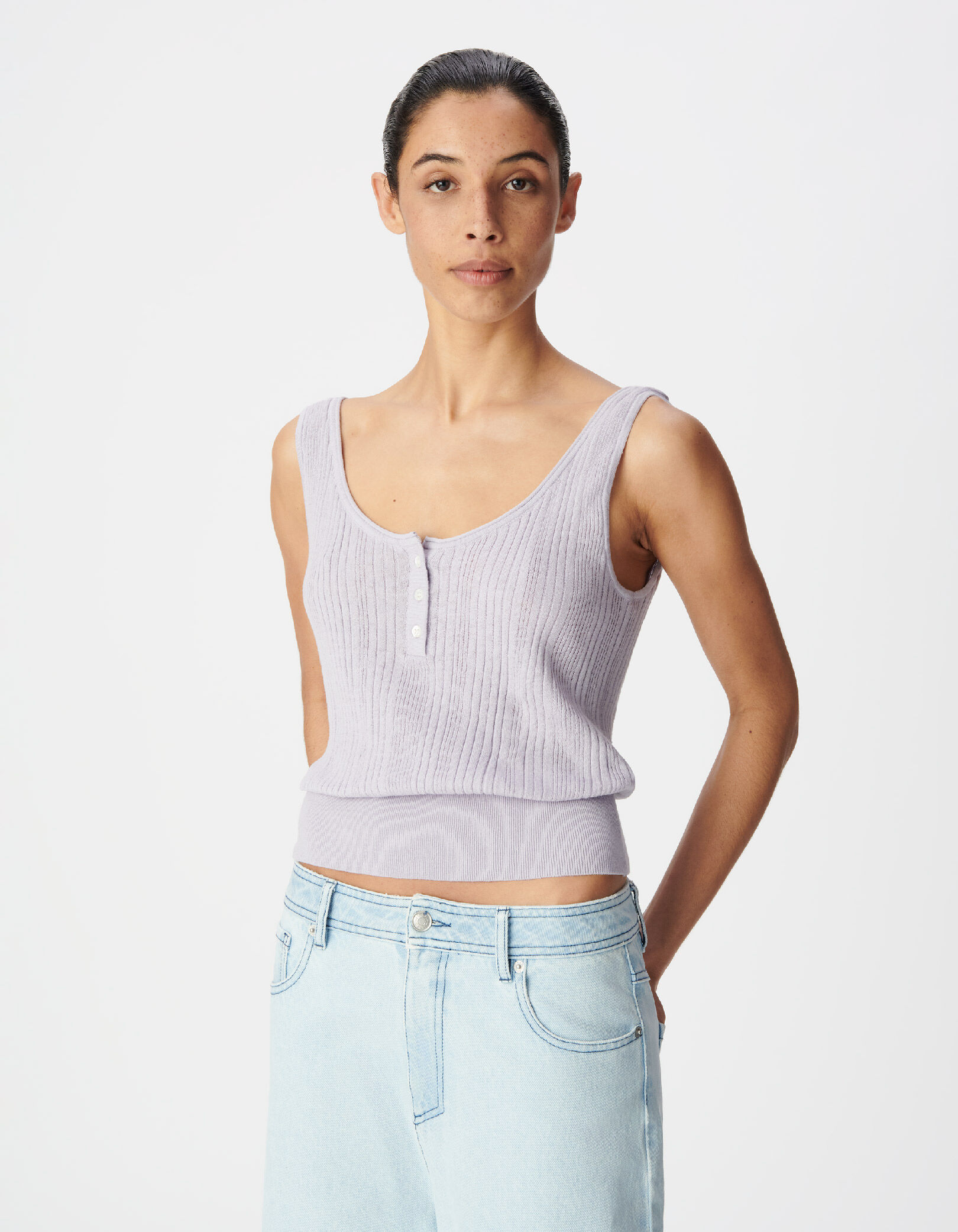 Pull sans manches lilas maille côtelée Femme