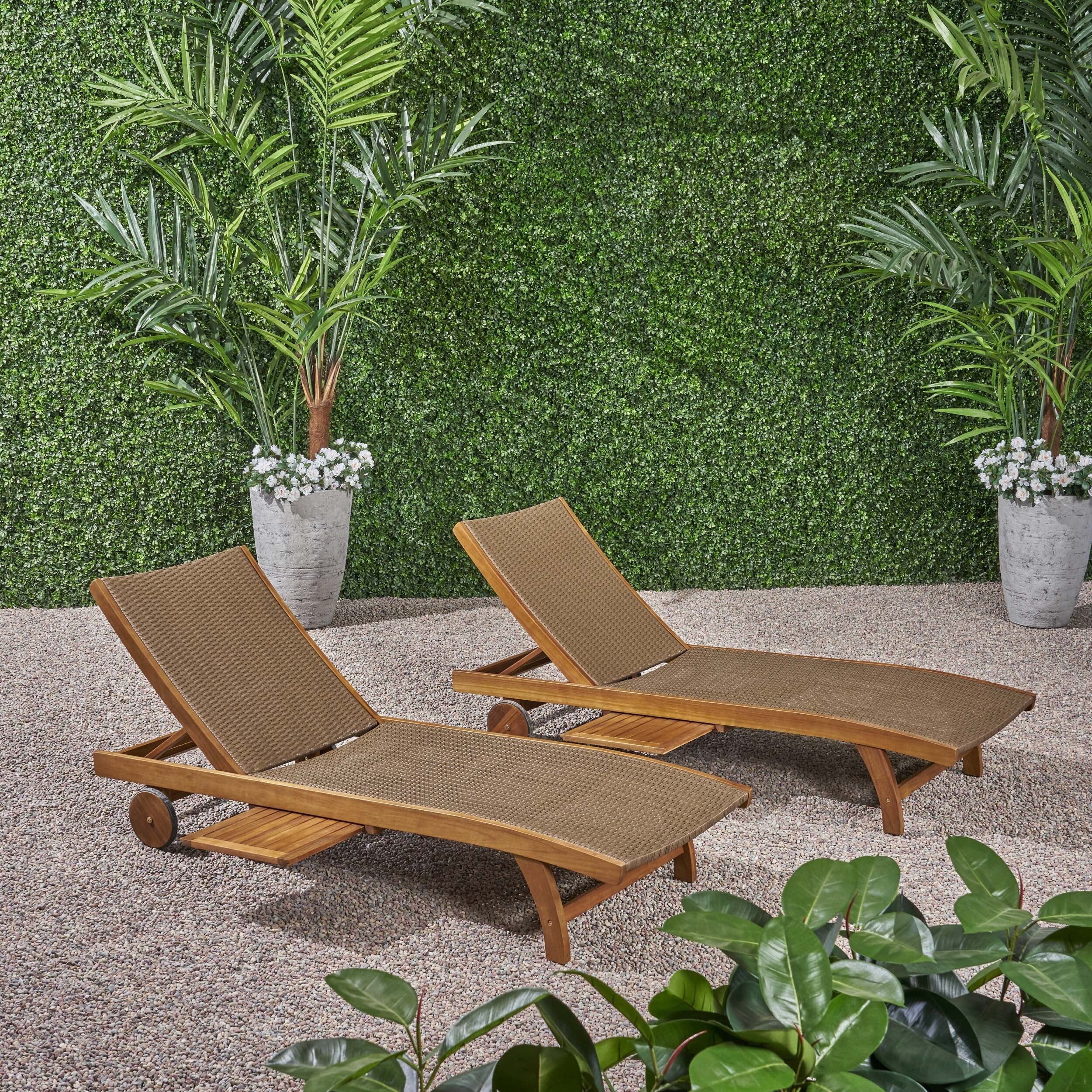 2-Piece Chaise Lounge Chairs with Wheels & Pull Out Side Tray, Adjustable Patio Wicker Reclining Chair