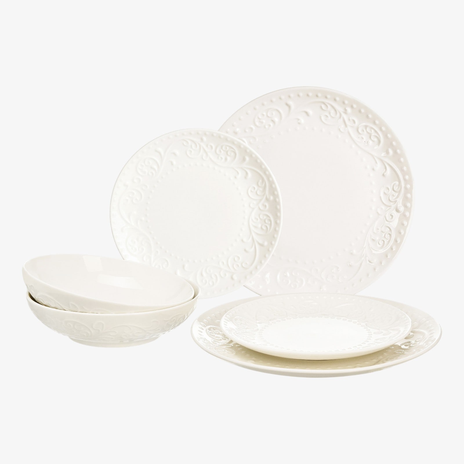 Geschirr-Set Relief Floral für 2 Personen Creme, 6 -tlg.