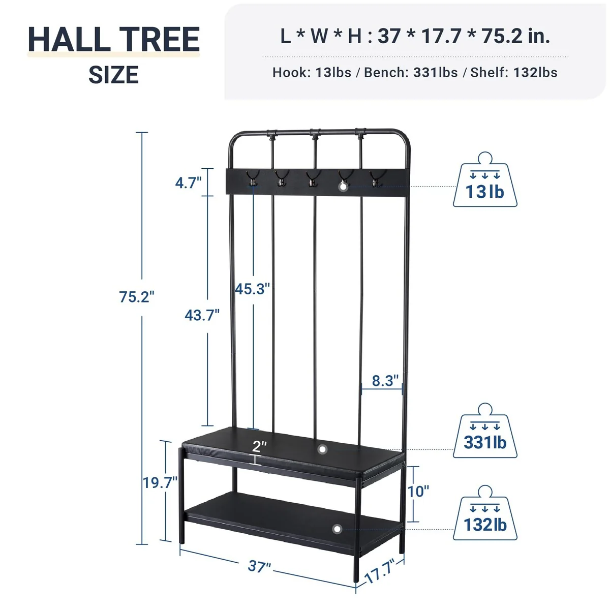 Coat Rack Shoe Bench, 75 Freestanding Hall Tree,Upholstered Sponge-Padded Seat, Organized with 5 Hooks, Industrial Furniture