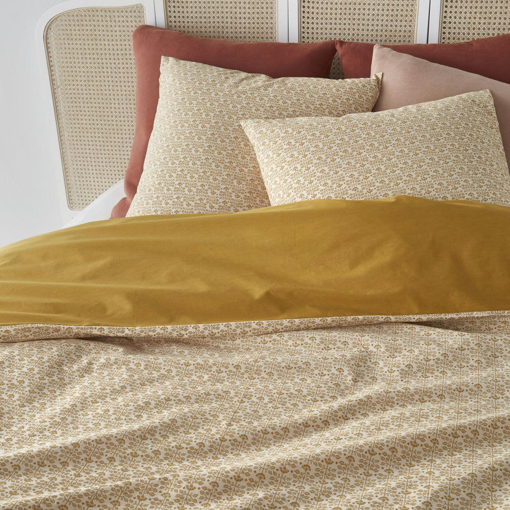 PAOLINA - Parure de lit en coton bio caramel et vieux rose imprimé floral 240x260