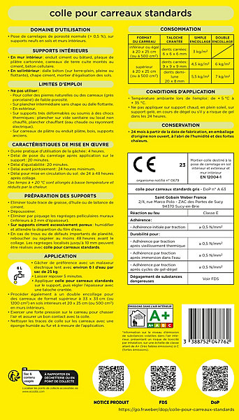 Colle pour carreaux standards gris Weber 25kg