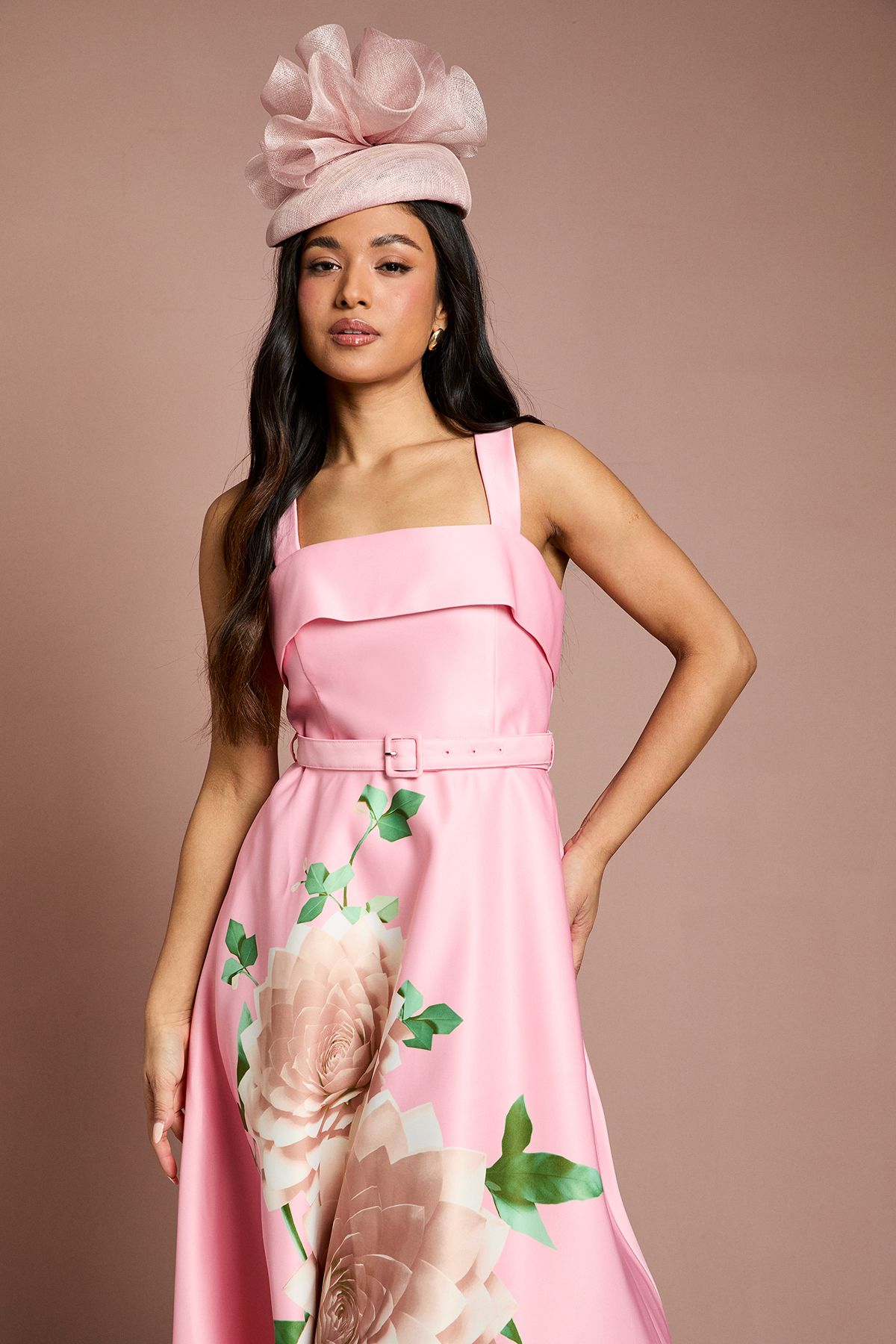 Coast Petite Lisa Tan Floral Placement Print Belted Midi Dress