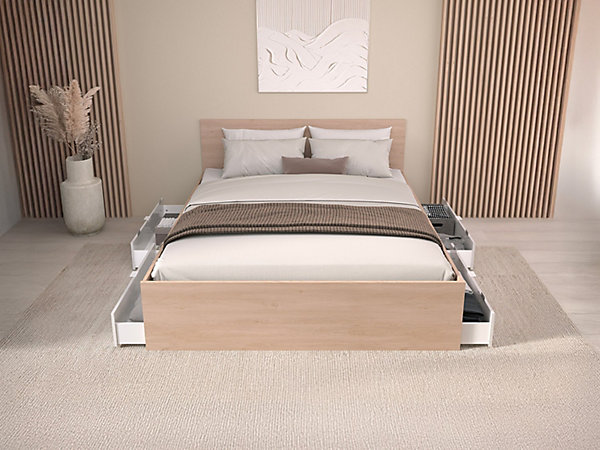Lit avec 4 tiroirs 140 x 190 cm - Coloris : Blanc brillant et naturel   Sommier   Matelas - VELONA