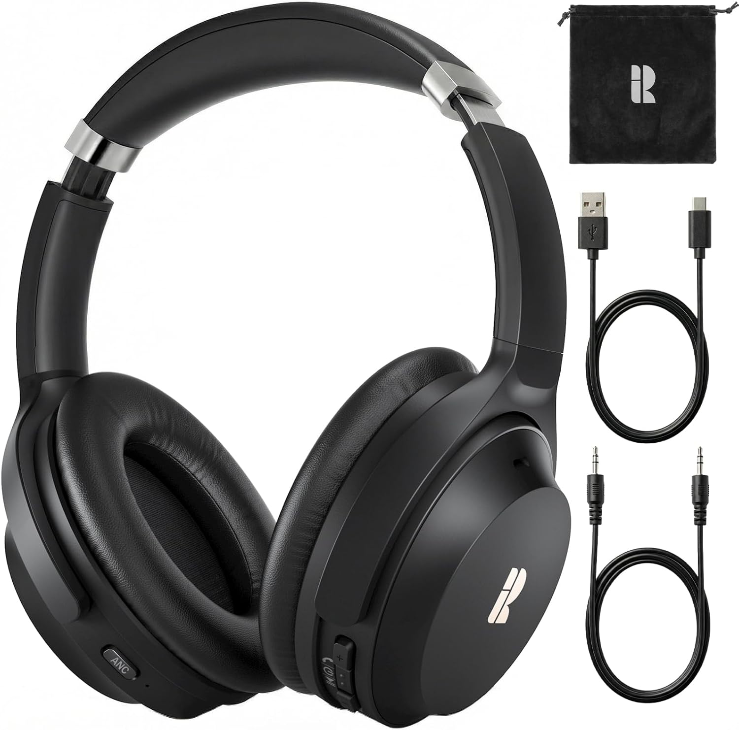 Active Noise Cancelling Headphones, Wireless Over-Ear Bluetooth Headphones ANC, Hi-Res Audio, 60H Playtime, Deep Bass, 3.5MM Cable, Memory Foam Ear Cups for Work/Travel/Home/Office