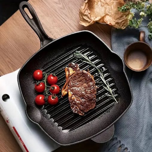 SOGA 2X 26cm Square Ribbed Cast Iron Frying Pan Skillet Steak Sizzle Platter with Handle