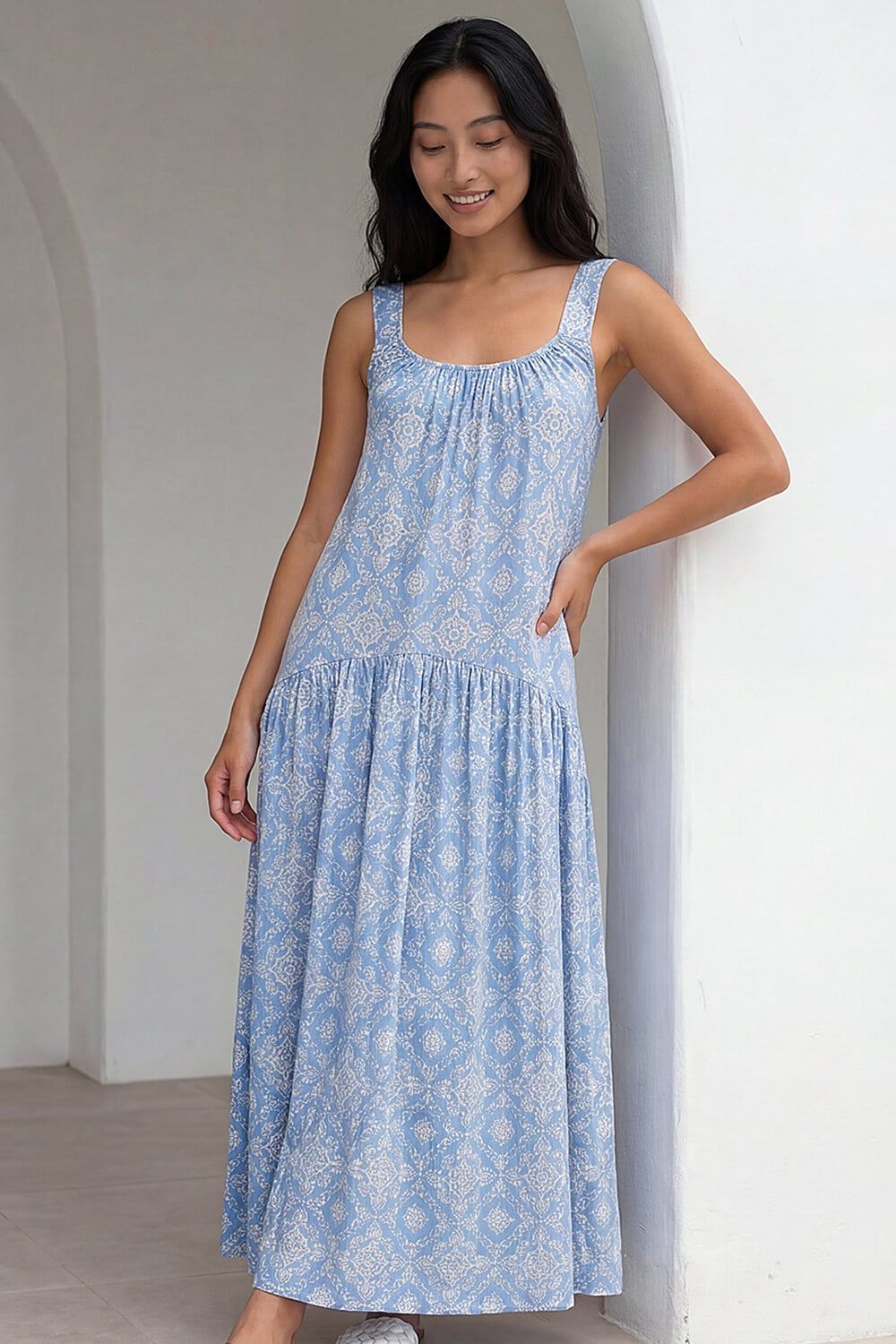 Roman Petite Tile Print Gathered Dress