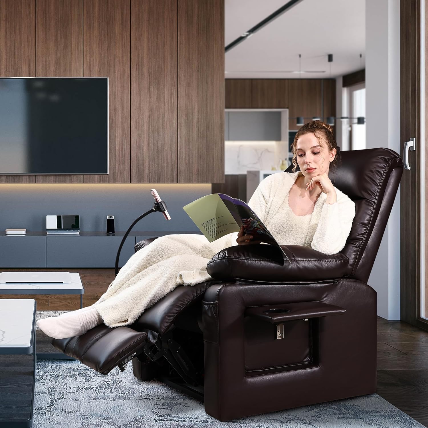 Dual Motor Recliner Chair with Heat & Massage, Faux Leather Power Lift Recliner Chair for Elderly, Cup Holder Tray, Phone Holder, Detachable Armrests, USB & Type-C Ports, Pillow (Brown, Large)