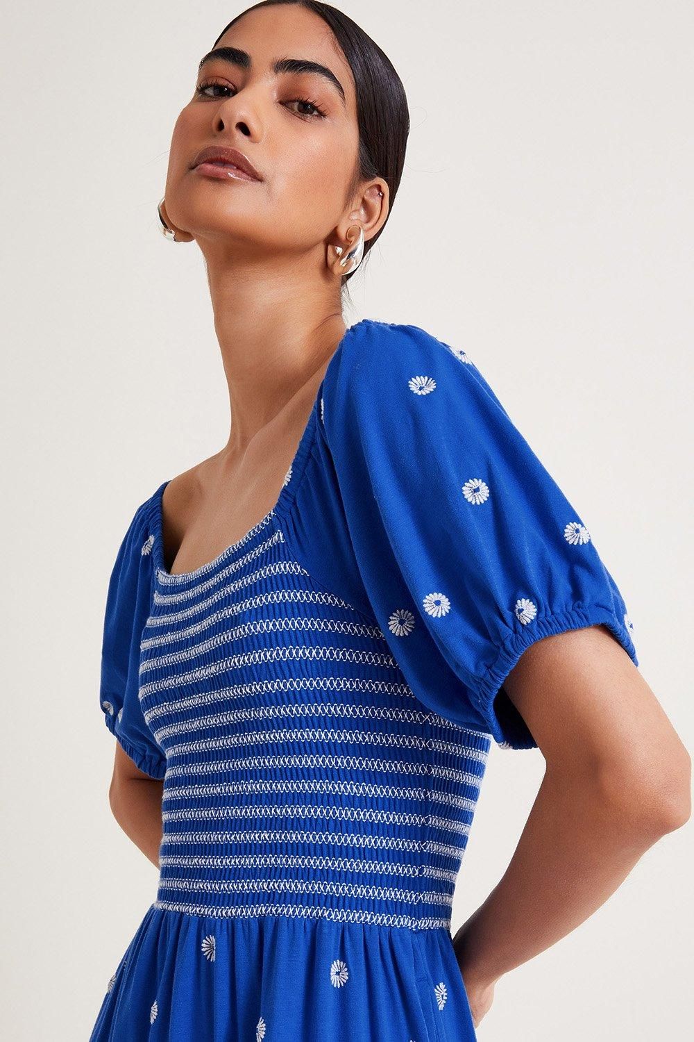 Monsoon Susie Shirred Embroidered Midi Dress Blue