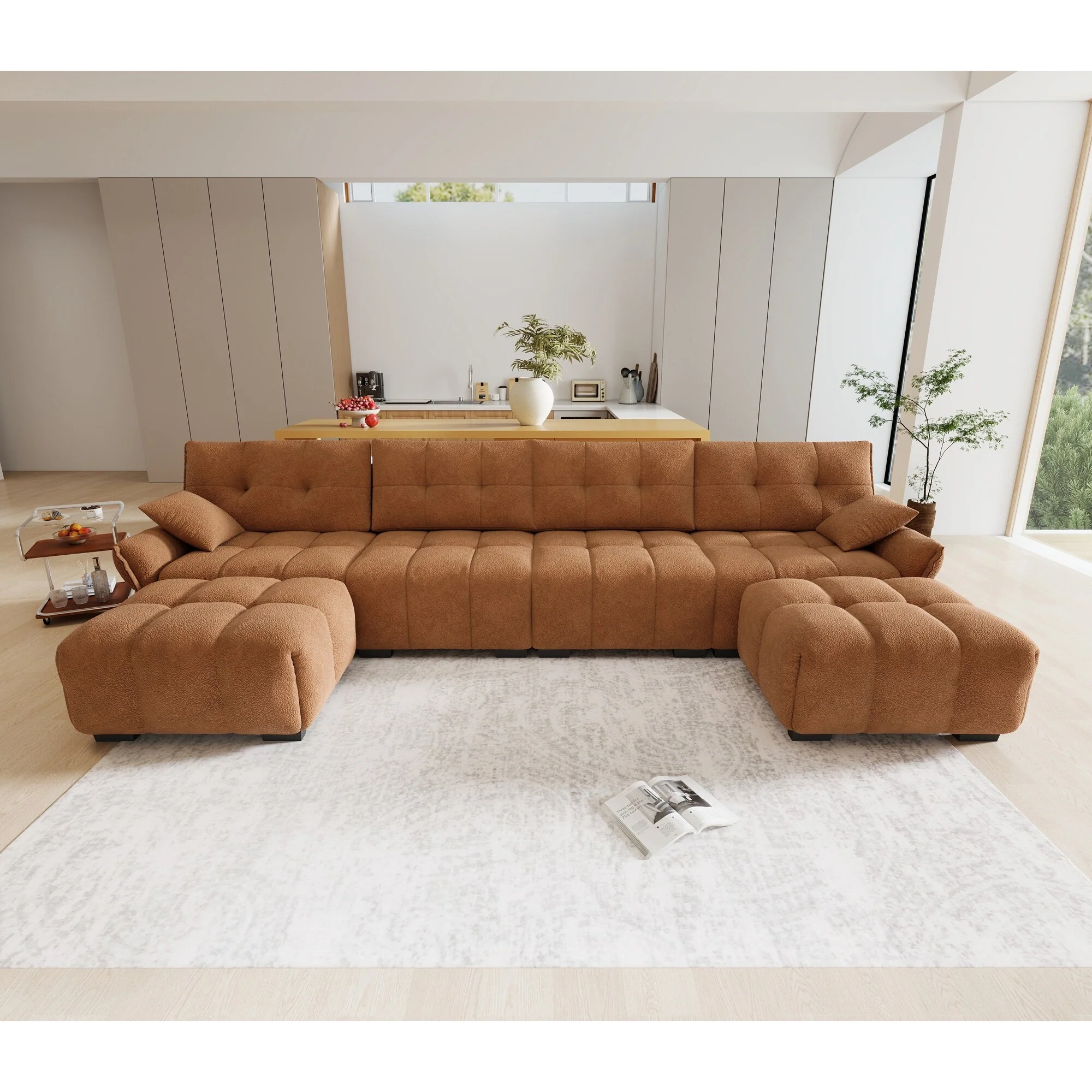 141.7 Chenille U-Shaped Sofa 6 Seater Upholstered Couch with 2 Ottomans for Living Room