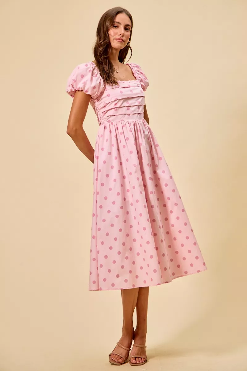 Polka Cotton Print Short Sleeves Midi Dress