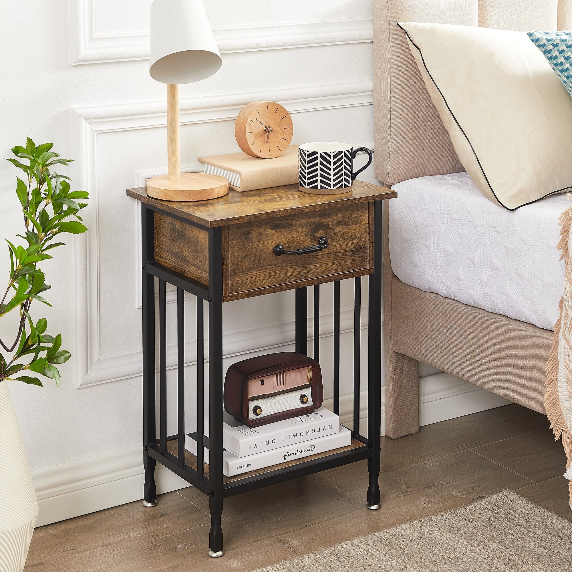 VECELO Modern Nightstand with Drawer and Storage Shelf