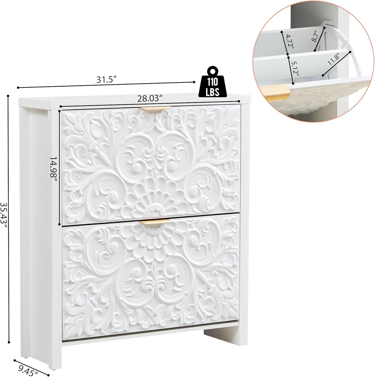 weselon Shoe Cabinet with Flip Drawers, Narrow Shoe Storage Cabinet, 2-Tier Hidden Shoe Organizer with Carved Floral for Entryway, Mid-Century Modern Slim Shoes Storage for Hallway Foyer (1, White)