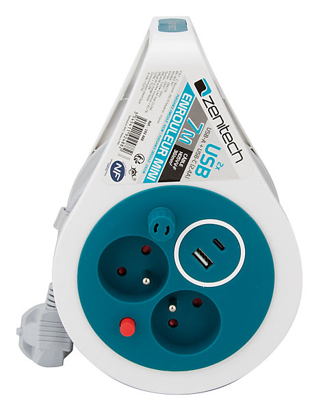 Mini enrouleur 2 prises P T   2 USB - 7m - Bleu - Zenitech
