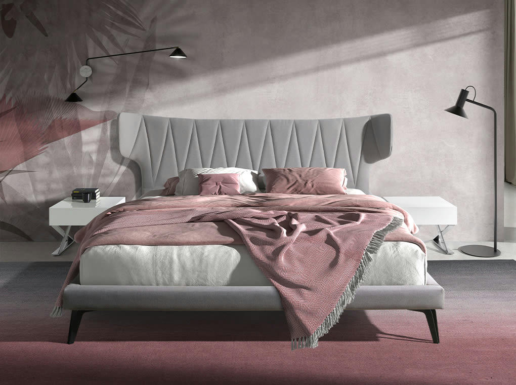 - Lit en tissu gris clair