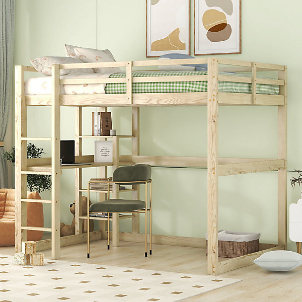 Lit Mezzanine 140x200 cm - Lit en Bois avec Bureau et 4 Compartiments de Rangement, Lit en Pin Naturel, Sans Matelas