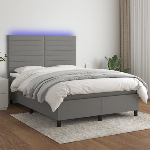 NNEVL Box Spring Bed with Mattress&LED Dark Grey 137x190 cm Double Fabric