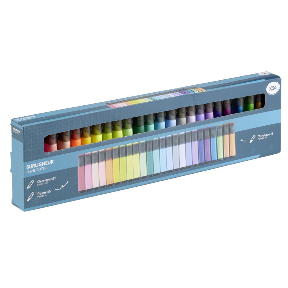 Surligneur x24 classique et pastel corps métallique L13cm