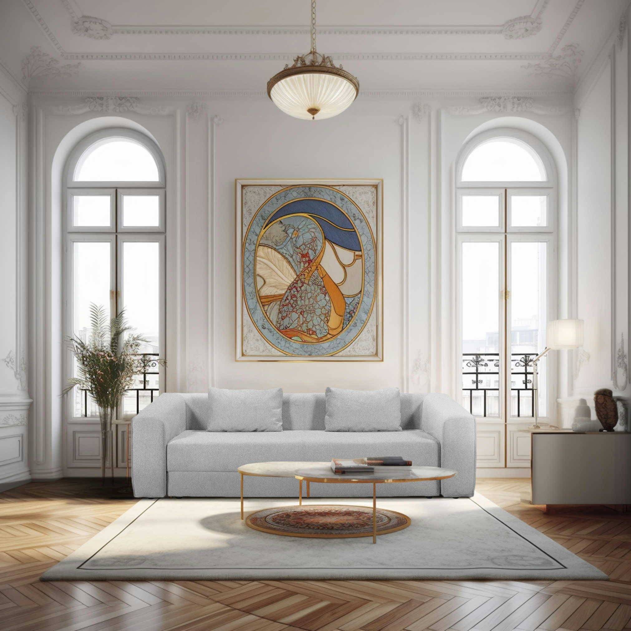 MUSCAT - Canapé droit convertible 3 places en tissu gris clair