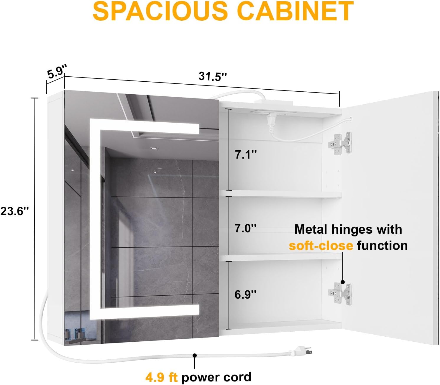 Snughome Bathroom Medicine Cabinet with Mirror and LED Lights, Wall Mount Bathroom Mirror with Storage, Anti-Fog, Built-in Power Outlets, Dimmable 3 Color Temp, Antirust Easy to Install, 31.5 x 23.6
