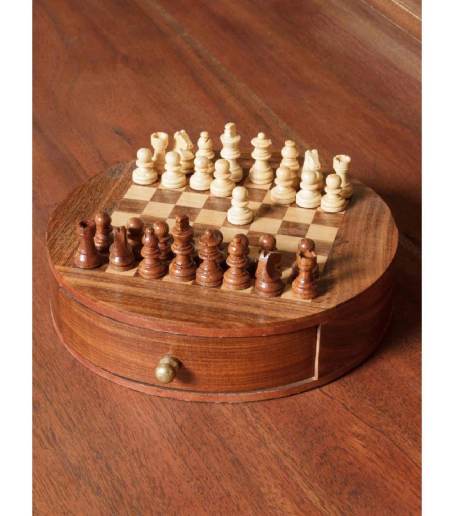 ÉCHECS - Jeu d'échecs en bois rond avec tiroir de rangement