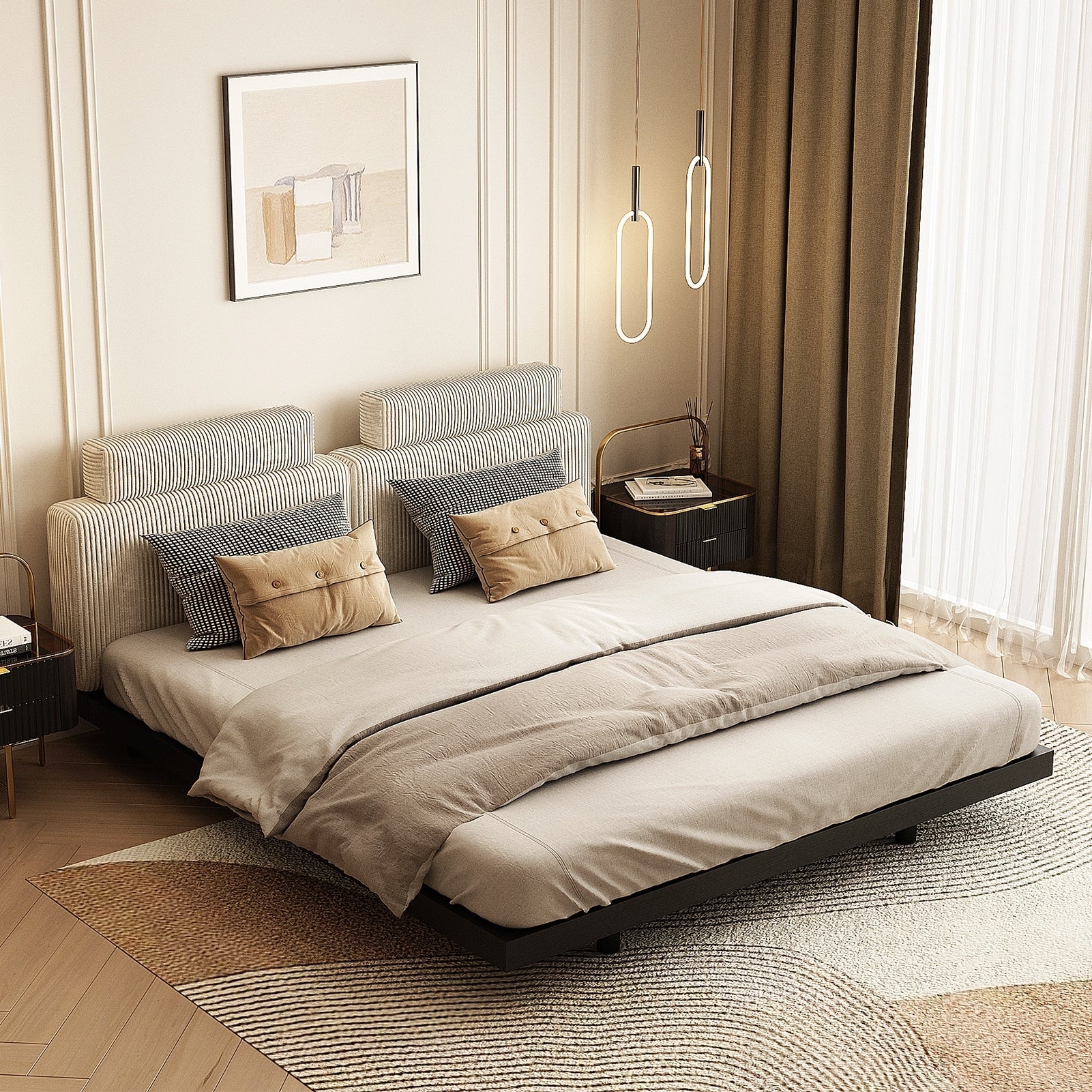 Bed,King Size Platform Bed Frame with Fabric Upholstered Headboard