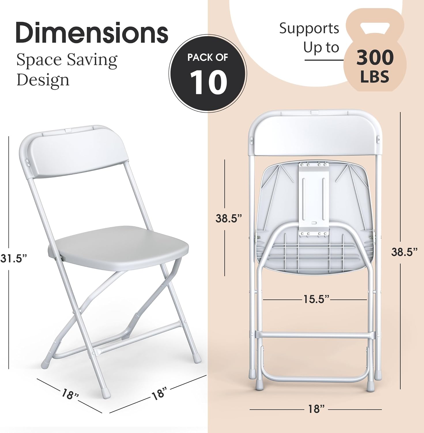 Our Modern Space 10 Pack Foldable Plastic Chair | Folding & Stackable | 350 lbs Capacity Steel Frame Seats for Indoor Outdoor | Commercial Use Events Wedding Party Bulk Picnic Kitchen Dining - White