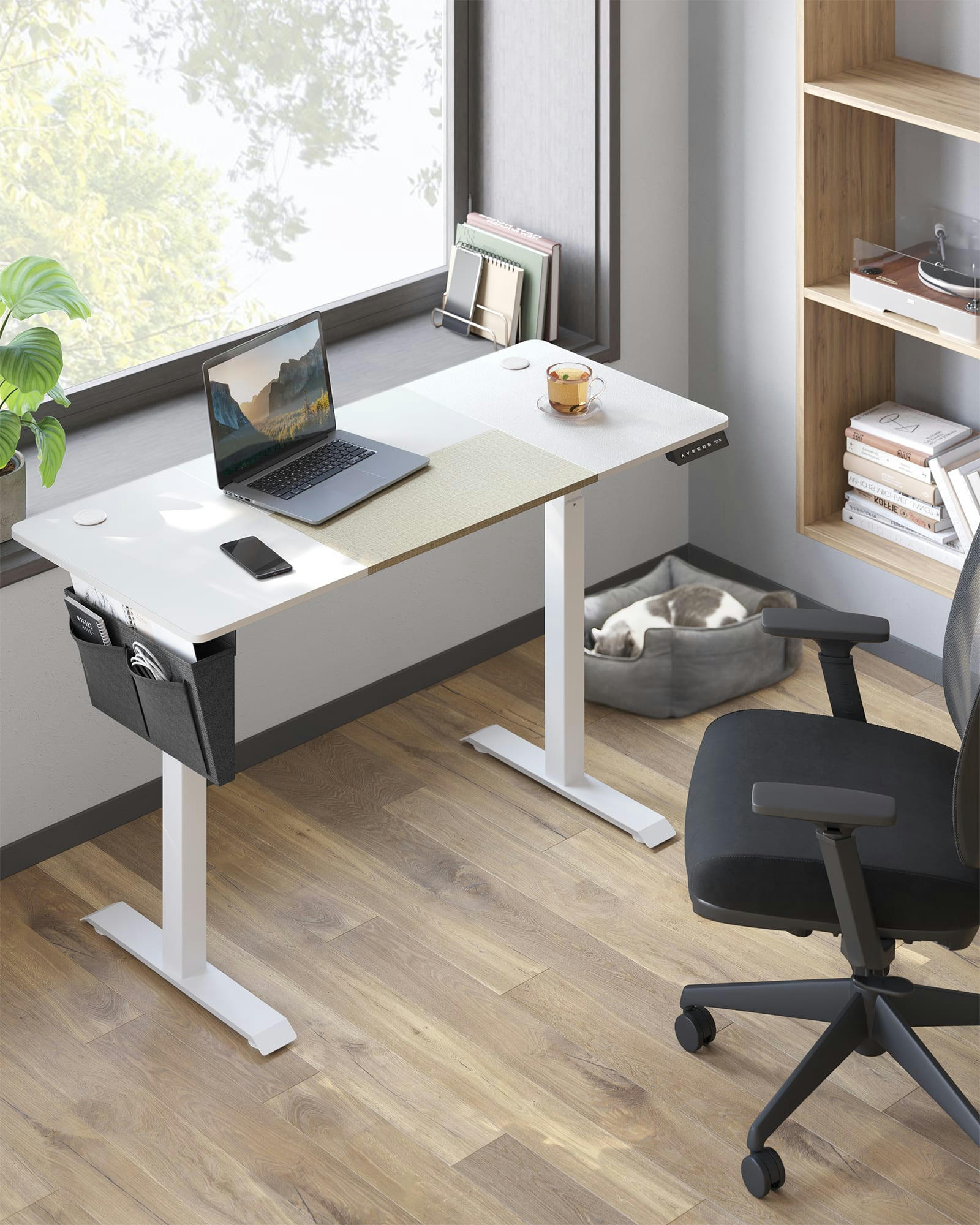 - Bureau assis-debout 140 cm effet bois blanc
