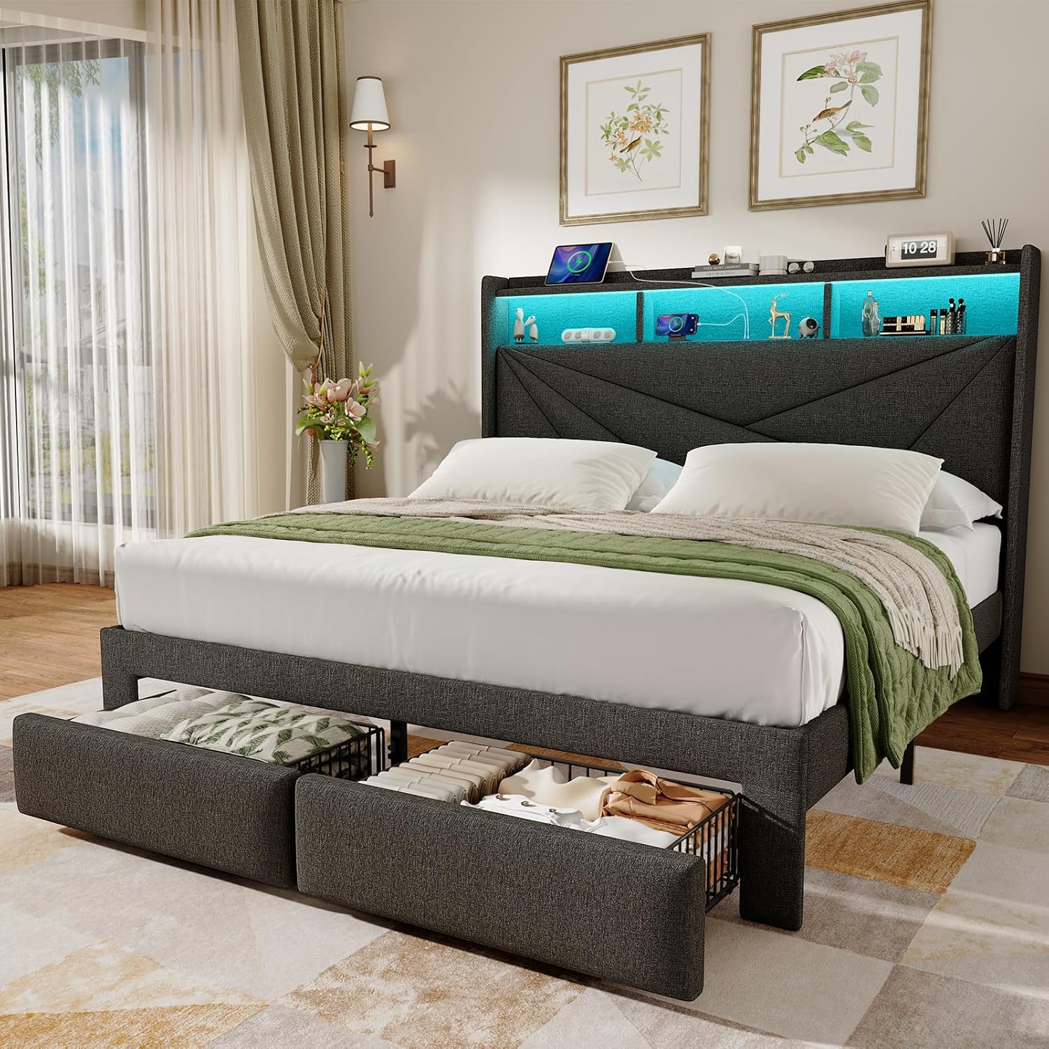 Full Size Bed Frame with 2-Tier Storage Headboard, Upholstered Full Bed Frame with 2 Drawers, Charging Station and LED Lights, No Box Spring Needed, Easy Assembly - Dark Grey