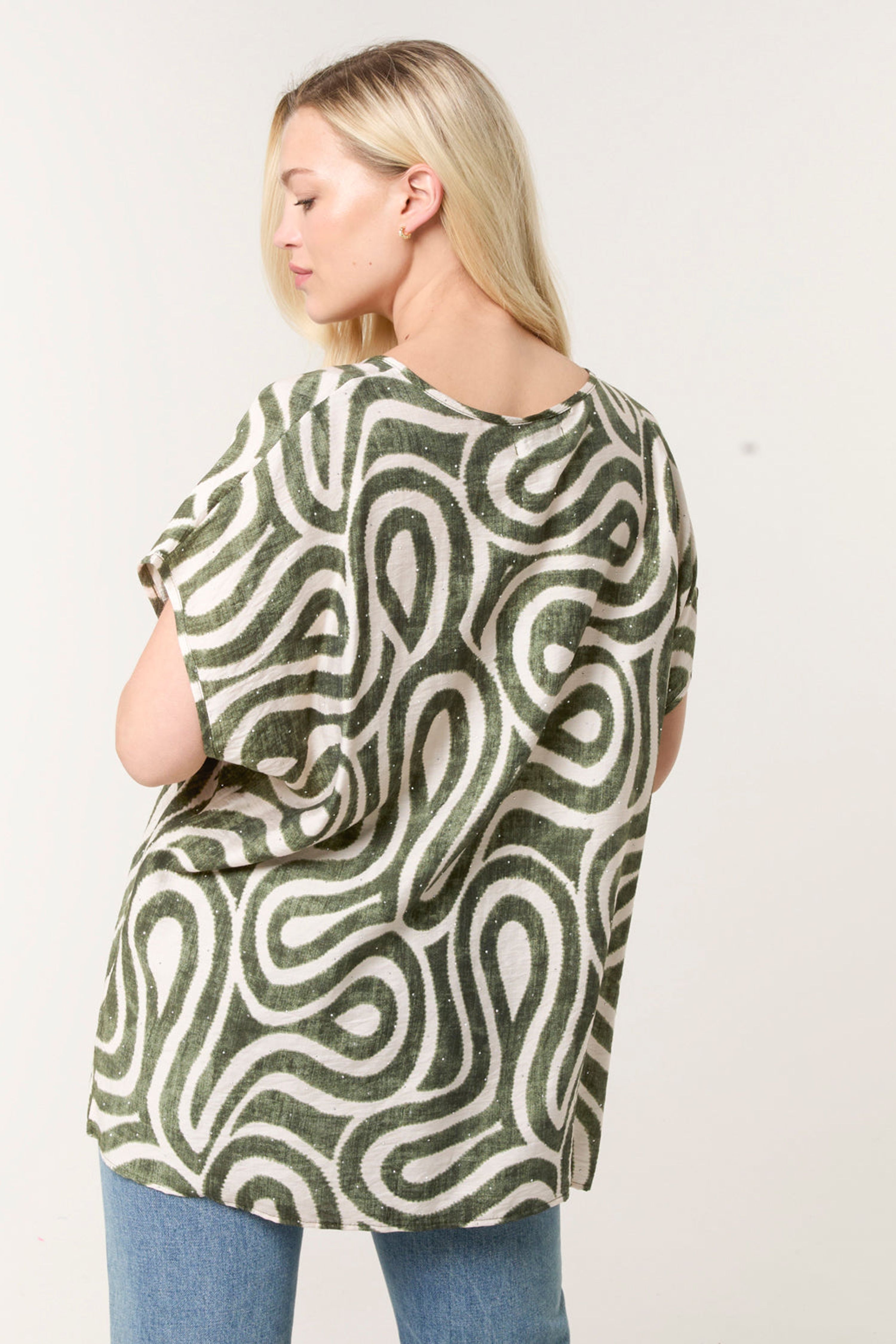 Blue Vanilla Khaki Round Neck Top With Abstract Print