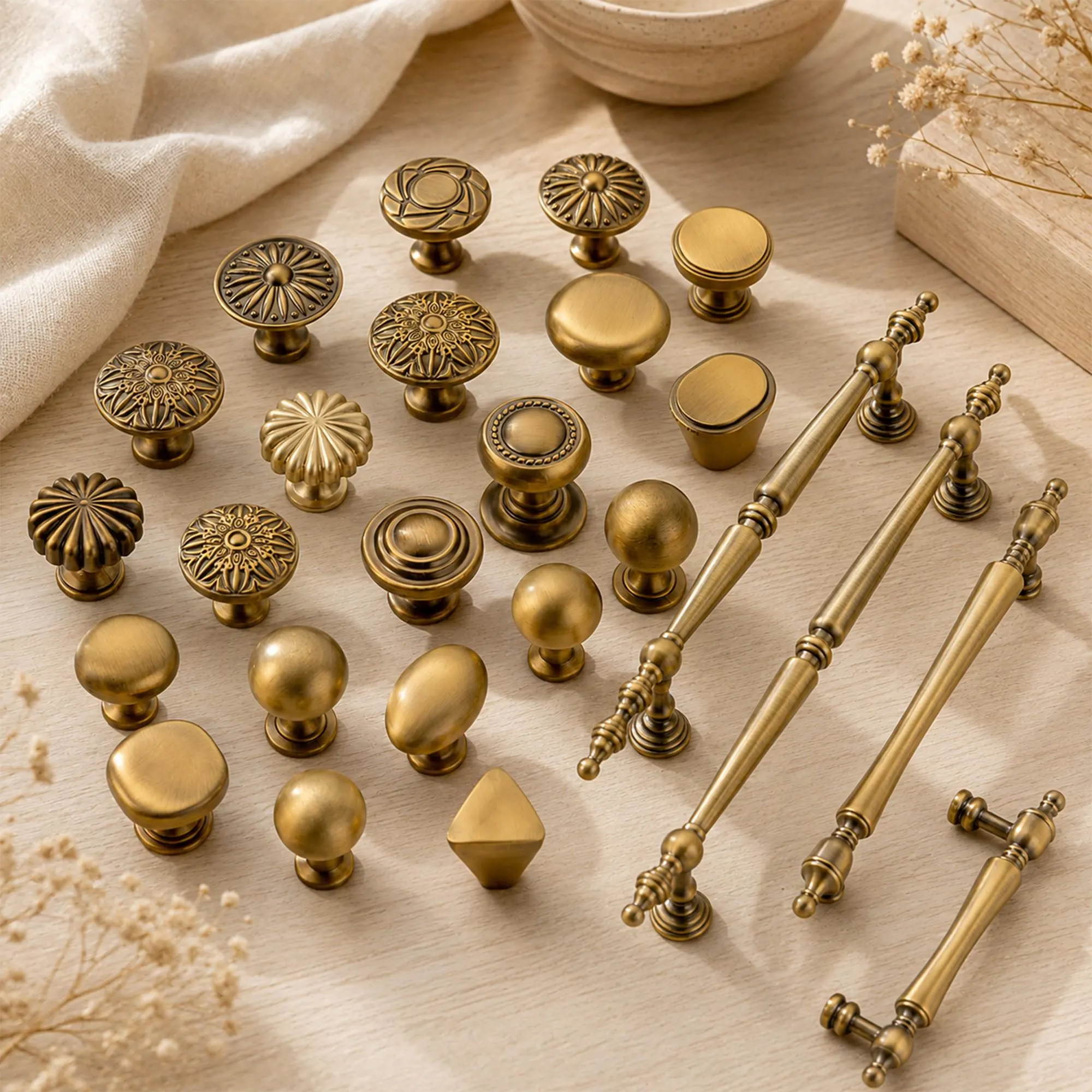 French Vintage Brass Cabinet Pulls, Antique Drawer Handles, Round Knobs, Classic Wardrobe Hardware