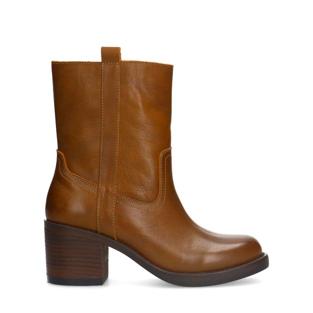 Cognac leren enkellaarsjes met hak