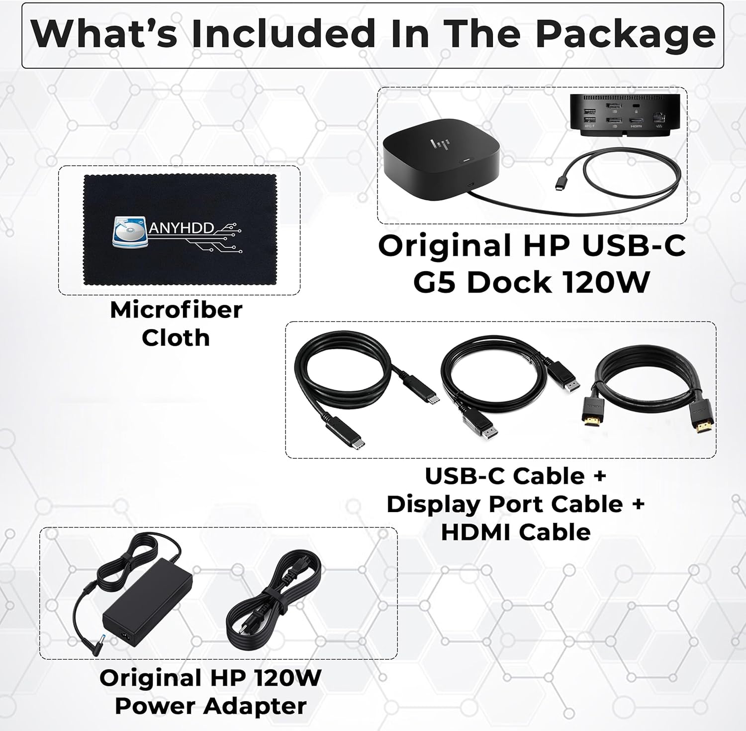 HP Docking Station for Laptop Dual Monitor and Charging Bundle - HP USB-C G5 Dock 5TW10AA / 5TW10UT / 5TW10AA#ABB with 120W Adapter  HDMI  DisplayPort  USB-C Cables & Microfiber Cleaning Cloth
