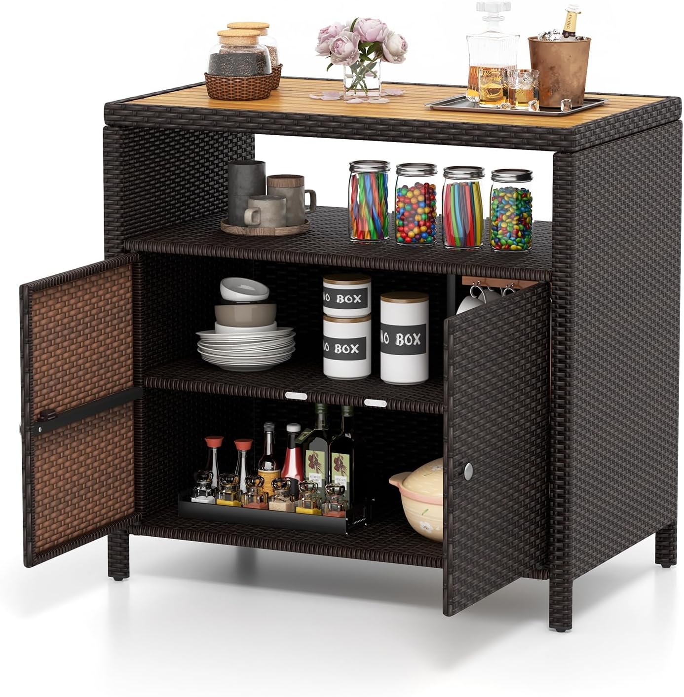 Tangkula Rattan Outdoor Storage Cabinet, Patiojoy Outdoor Cabinet with Acacia Wood Countertop, Open Compartment, 2-Door Wicker Sideboard, Outdoor Bar for Patio Garden Backyard Poolside (Mix Brown)
