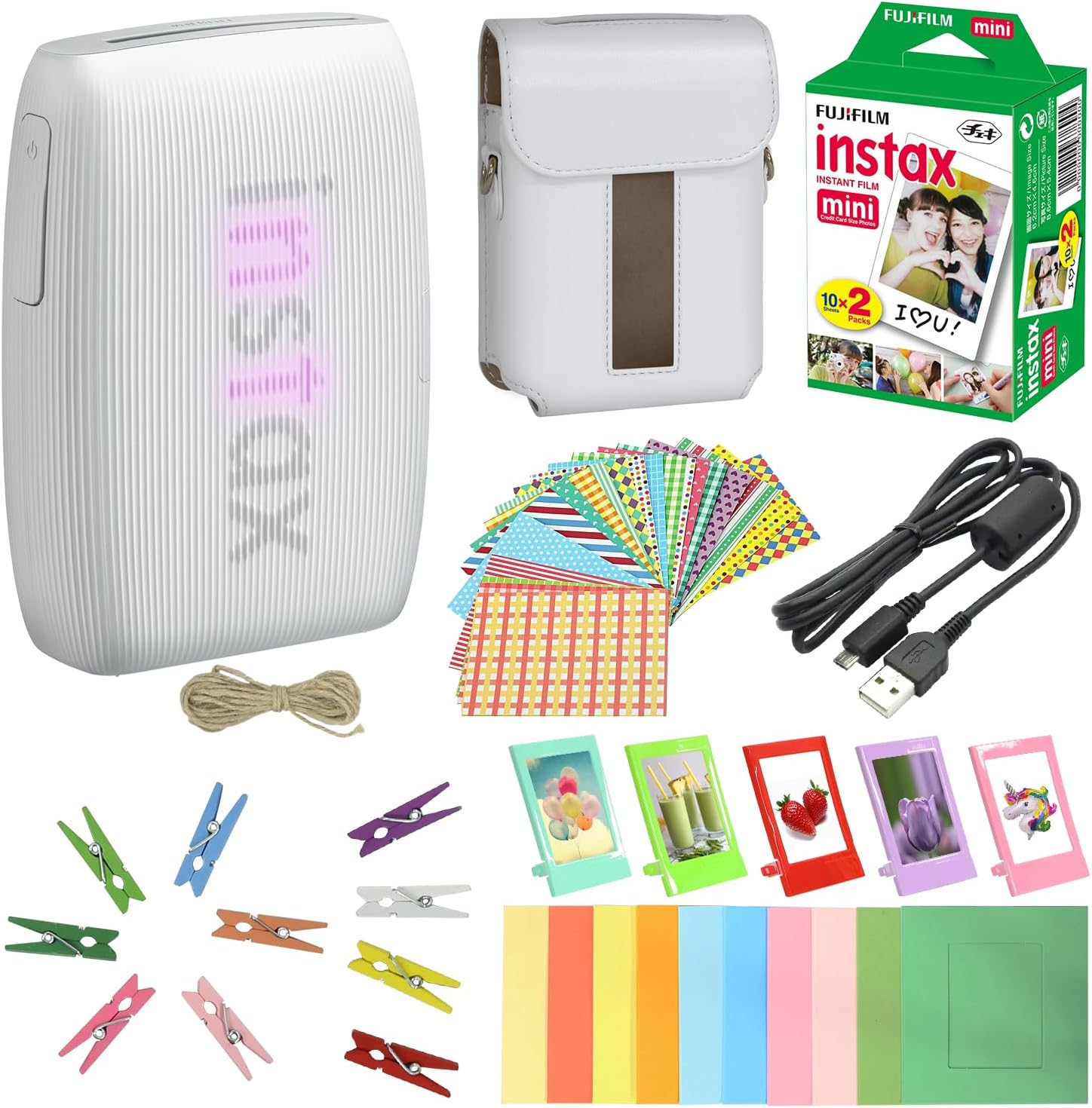 Bundle with Compatible Fuji Mini Link 3 Smartphone Printer Clay White + Fuji Film Value Pack 20 Sheets Accessories Bundle with Album + 5 Plastic Desk Frames + Paper & Sticker Frames (Clay White)