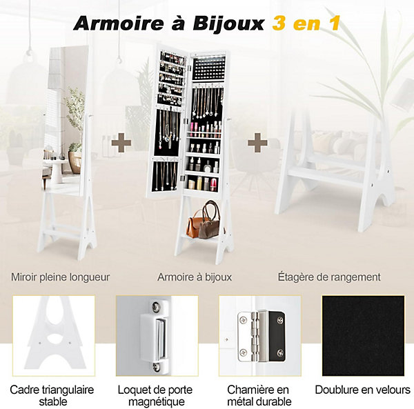 Armoire à Bijoux sur Pied avec Lumières LED et Miroir Rangement avec Miroir Plein Longueur sur le Miroir Blanc