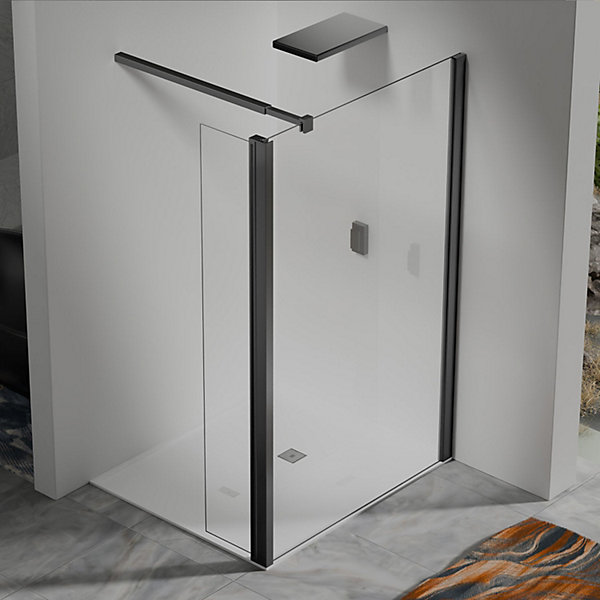 Paroi de Douche 30x200 cm avec Retour Pivotant 30x200 cmBarre Extensible 73 120 cmVerre Trempe 8 mmAluminium Noir Mat