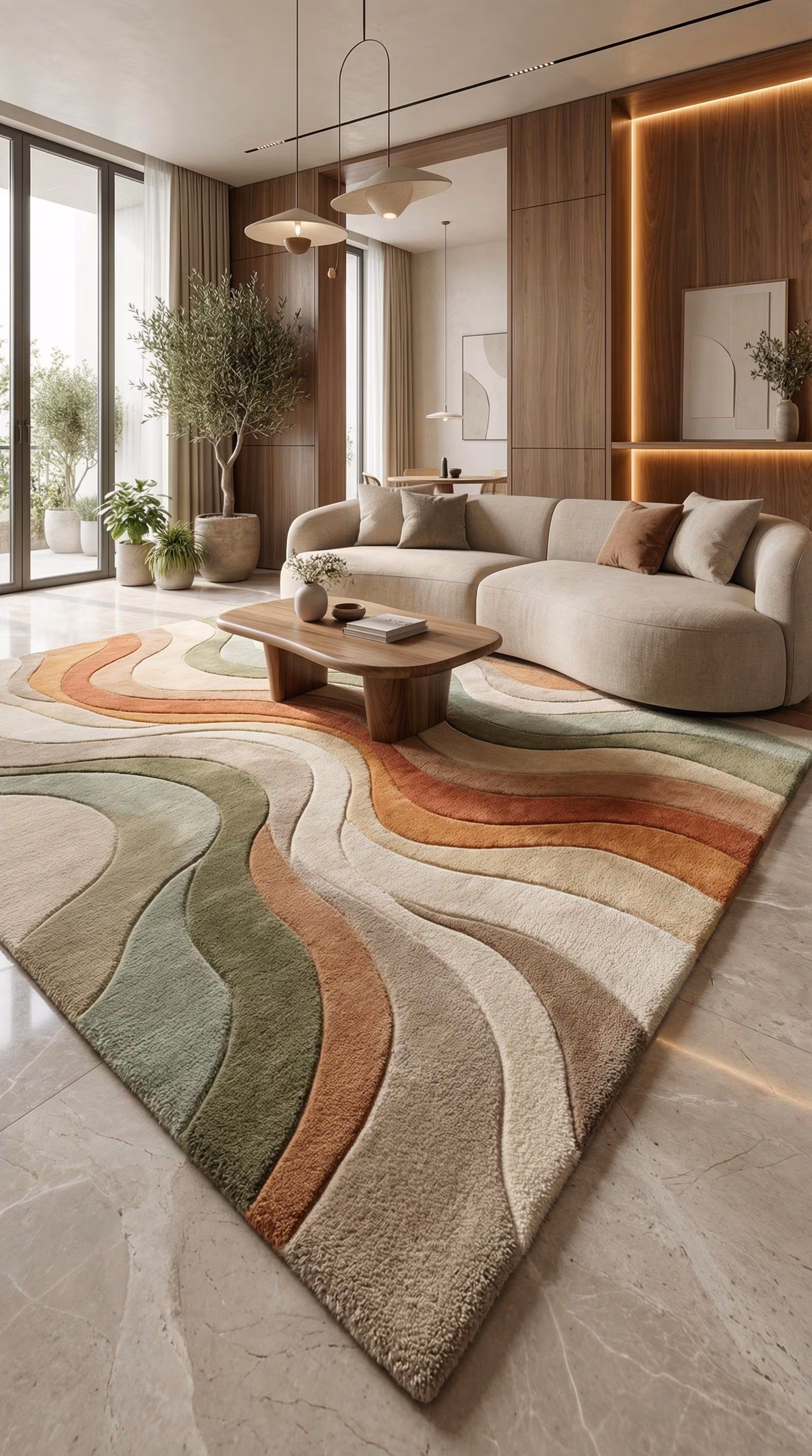 Hand Tufted Abstract Rug, Mid Century Modern Wave Rug, Earth Tone Living Room Rug, Organic Modern Area Rug, Sage Green Rust Cream Carpet
