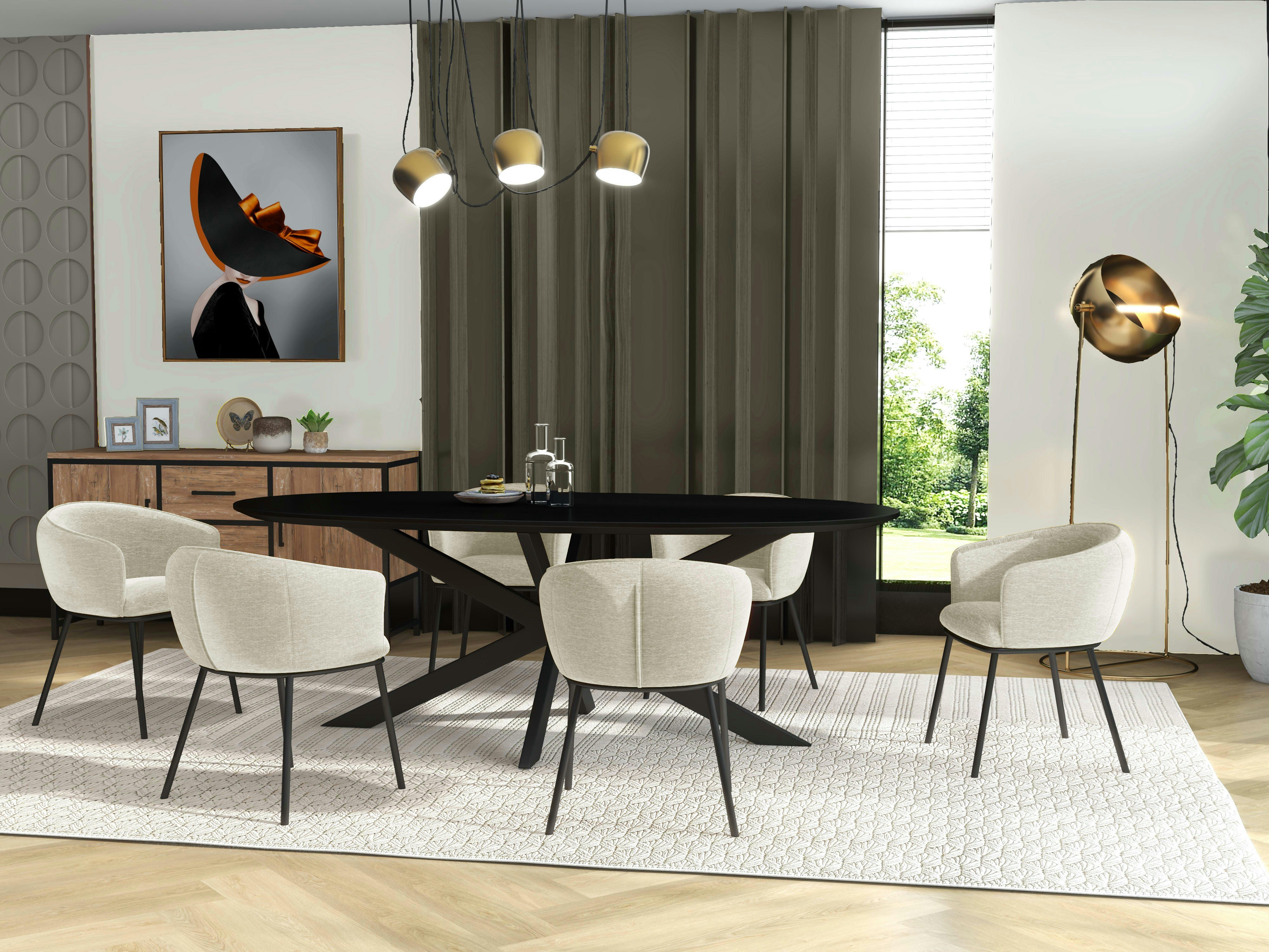 ALVIN - Fauteuil de table en tissu Ecru et métal noir mat