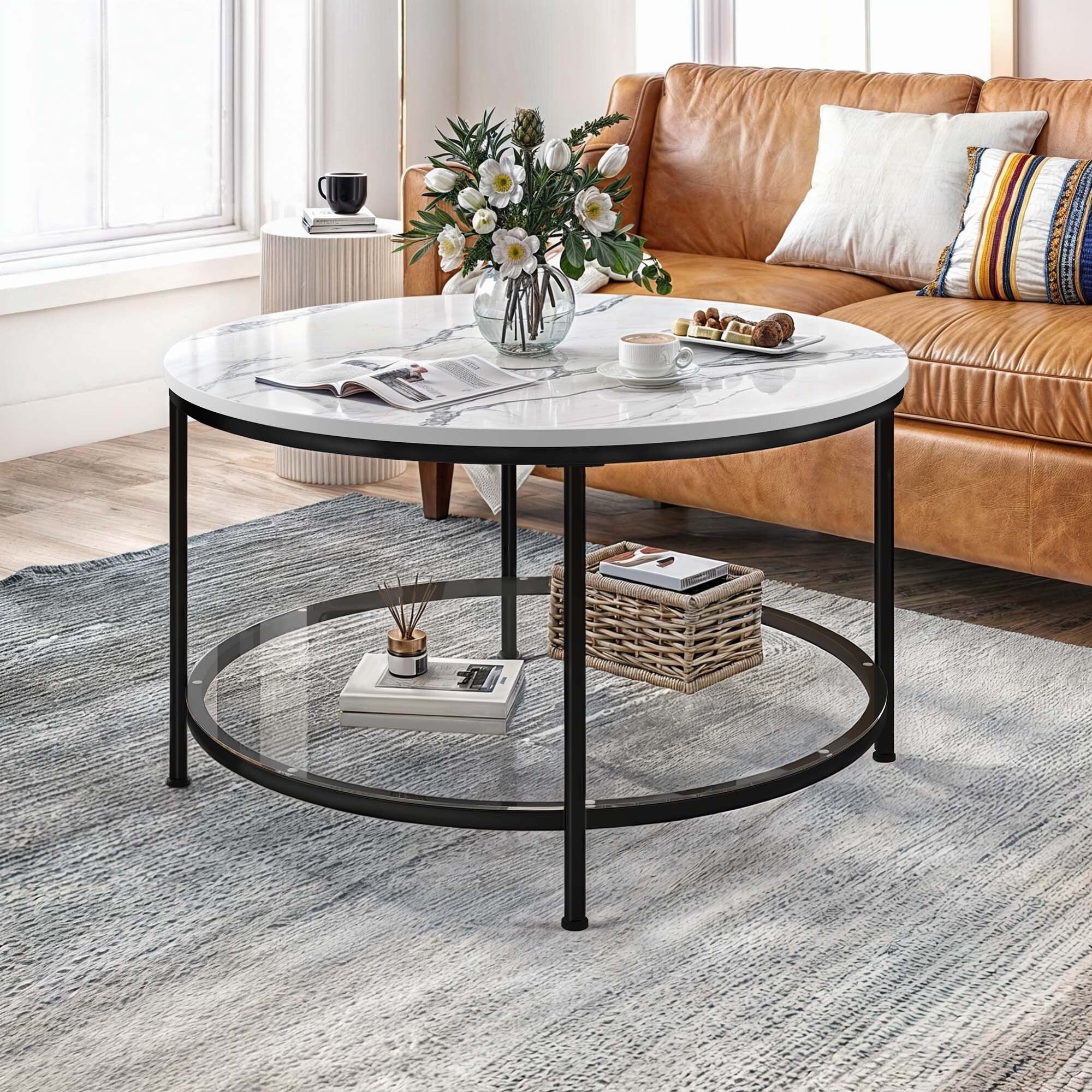 White Marble Pattern Round Coffee Table with Glass 2-Tier Circle Gold Frame