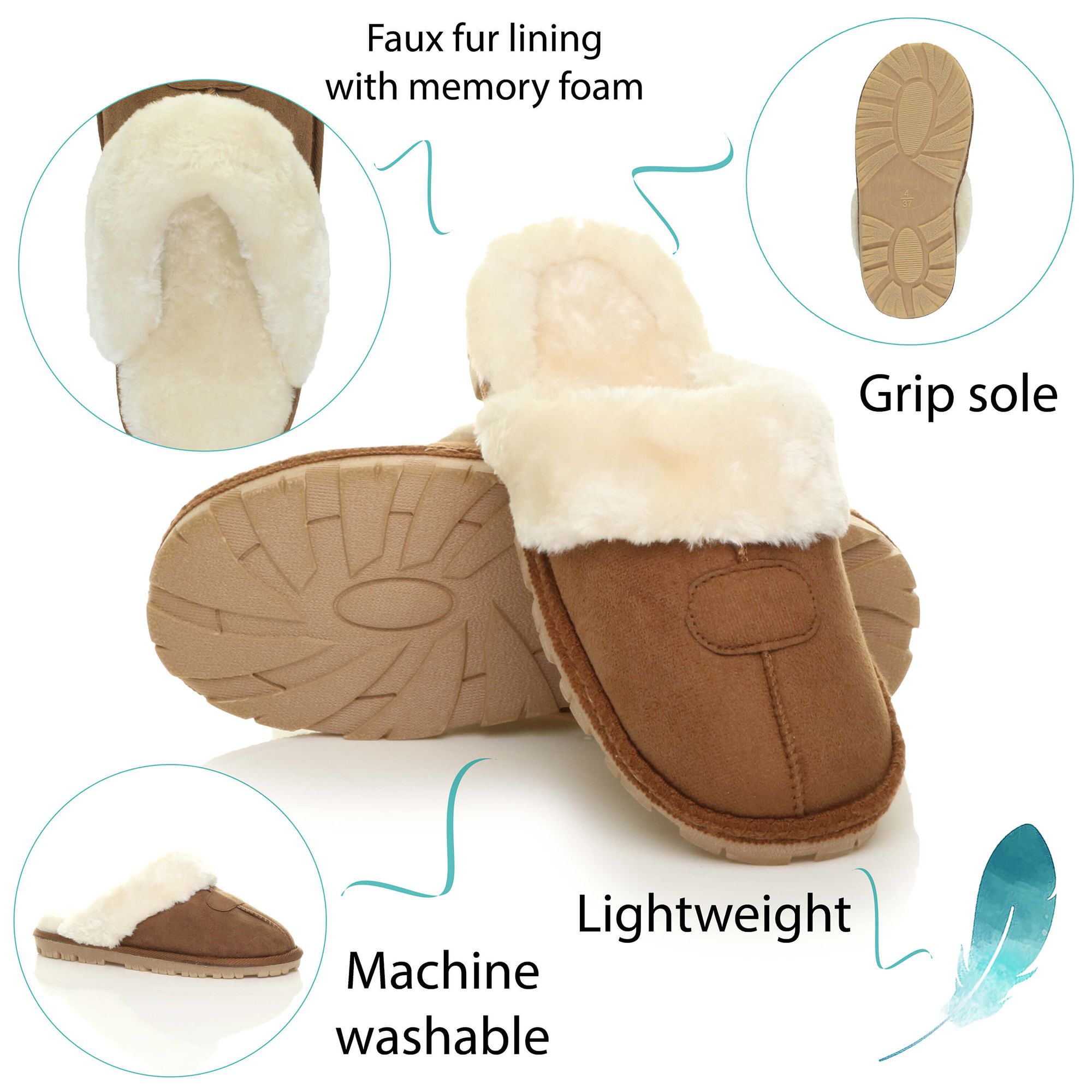 AJVANI Faux Fur Lined Slip On Memory Foam Mules Slippers