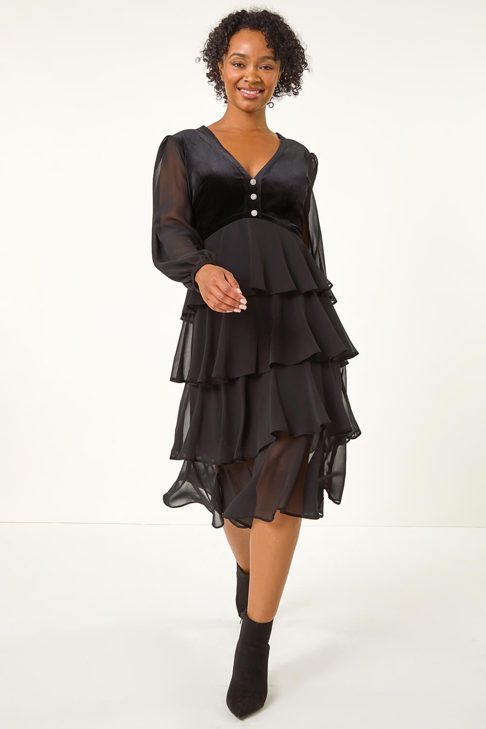 Roman Petite Velvet Tiered Midi Stretch Dress