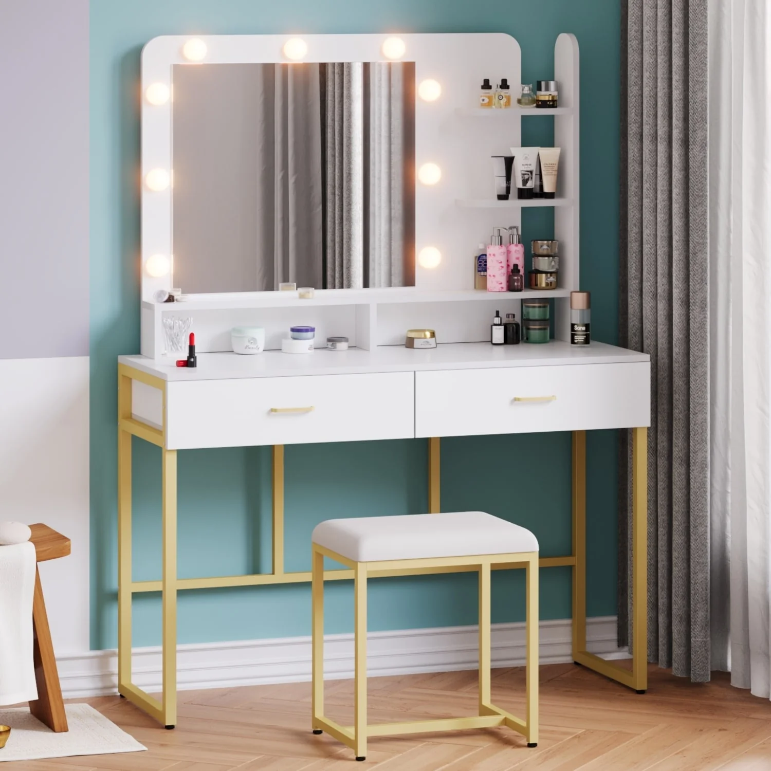 Vanity Set with Lighted Mirror, Desk and 2 Drawers