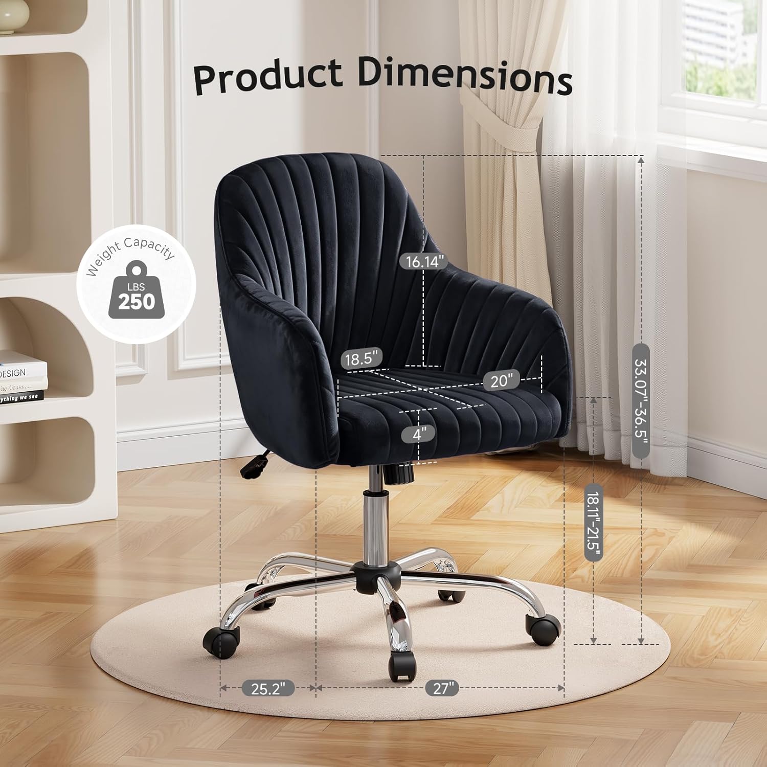 Warmiehomy Office Chair, Velvet Desk Chair for Home Office, Cozy Vanity Chair, Girl Cute Makeup Chair with Arm Rest for Bedroom Dressing Room (Classic Black)
