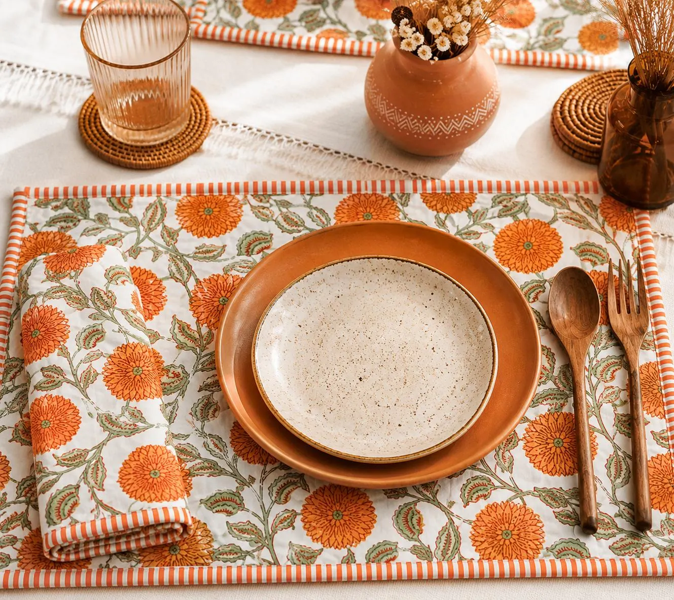 Cotton Quilted Placemats with Napkin Set, Reversible Floral Block Print Table Mats , Handmade Dining Table Decor