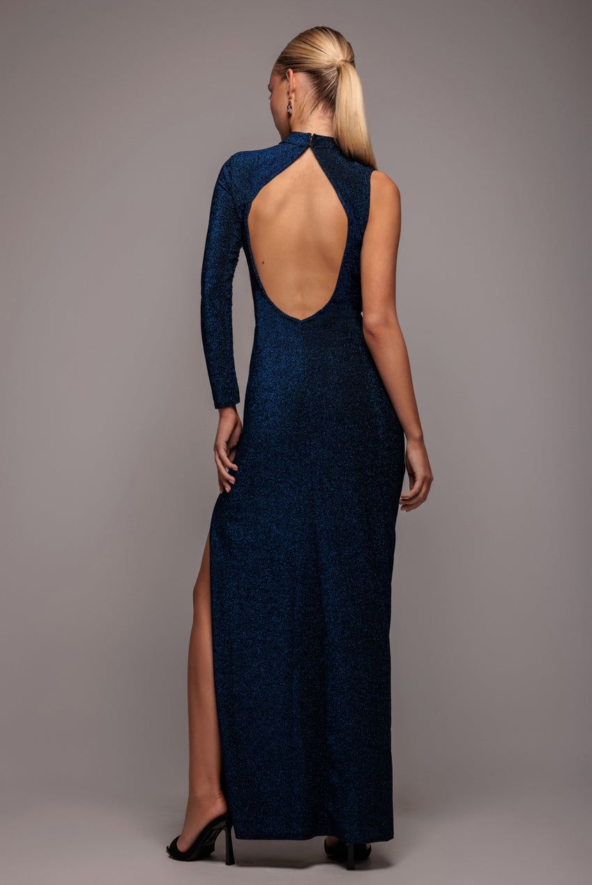 Goddiva Open Lurex Back One Sleeve Maxi Dress