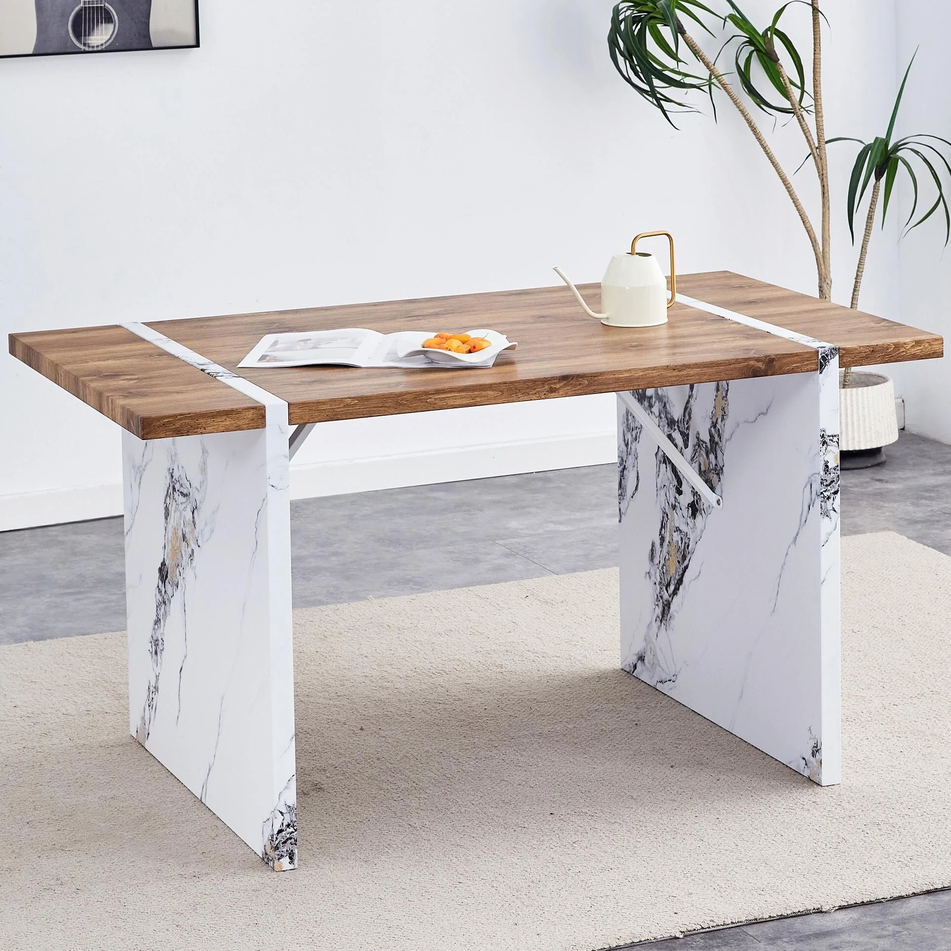 55 Wood Grain Dining Table - White Marble Legs, Stable - Natural