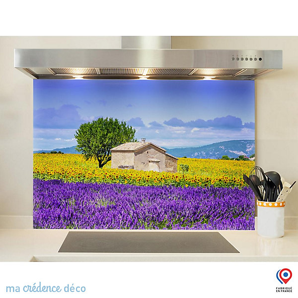 Crédence cuisine fond de hotte Lavandes et tournesols - Verre trempé - L 90 cm x H 60 cm - MaCrédenceDéco
